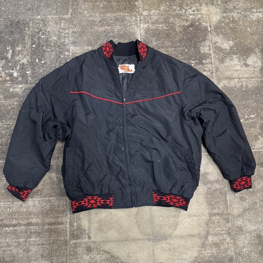 VTG Comfy Casuals Black Bomber Jacket Red Aztec Trim USA Made Men's Size M/L